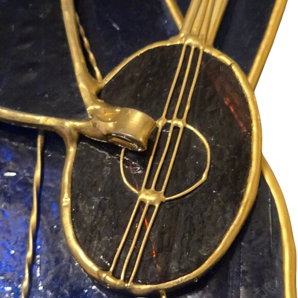 Vintage Stained Glass Angel Figurine AS IS Guitar Music Musician Blue Brown - Picture 4 of 16